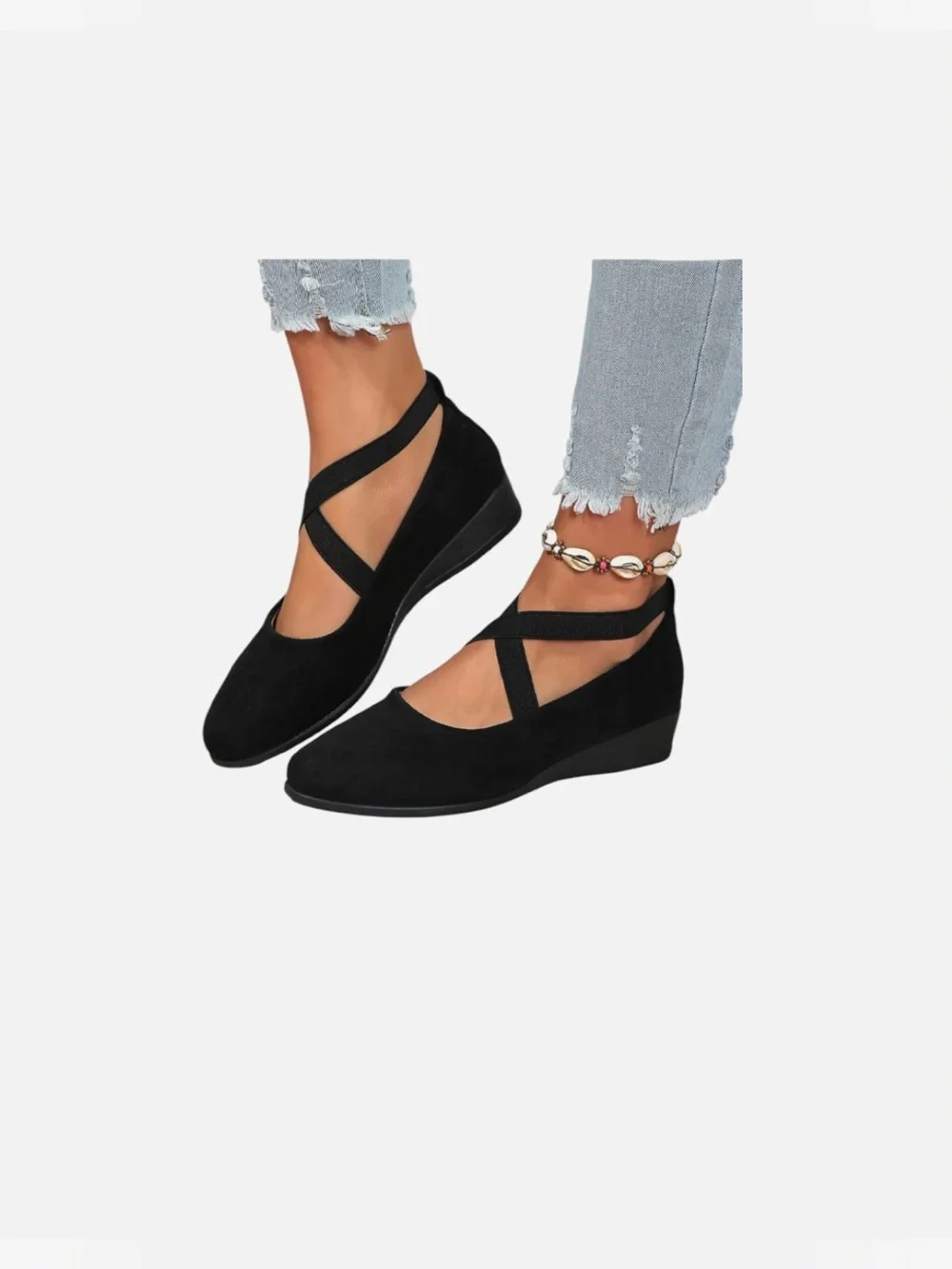 Black Cross-Strap Wedge Flats - Women